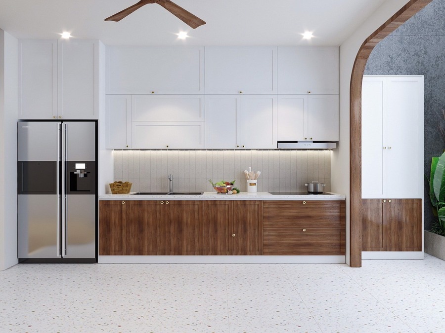 Tủ bếp gỗ mang vẻ mộc mạc, ấm cúng