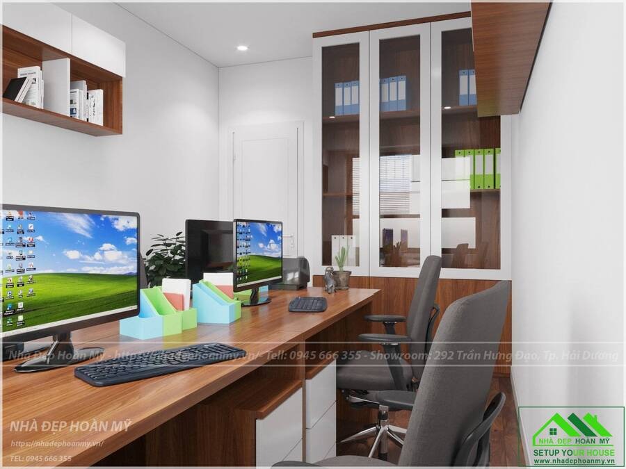 Thiết kế văn phòng: 2 dãy máy tính đối diện trên cùng 1 bàn giúp tiết kiệm diện tích