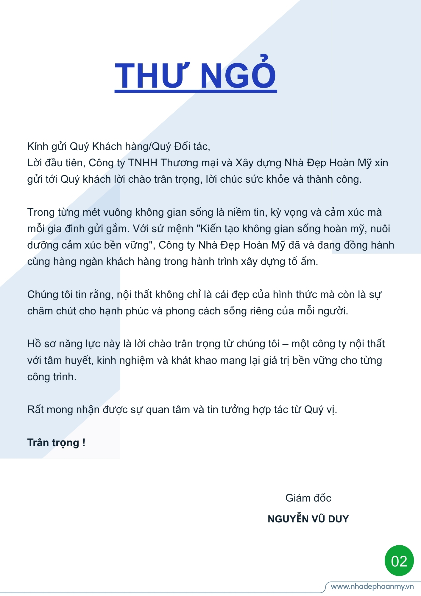 Thư ngỏ Nhà Đẹp Hoàn Mỹ