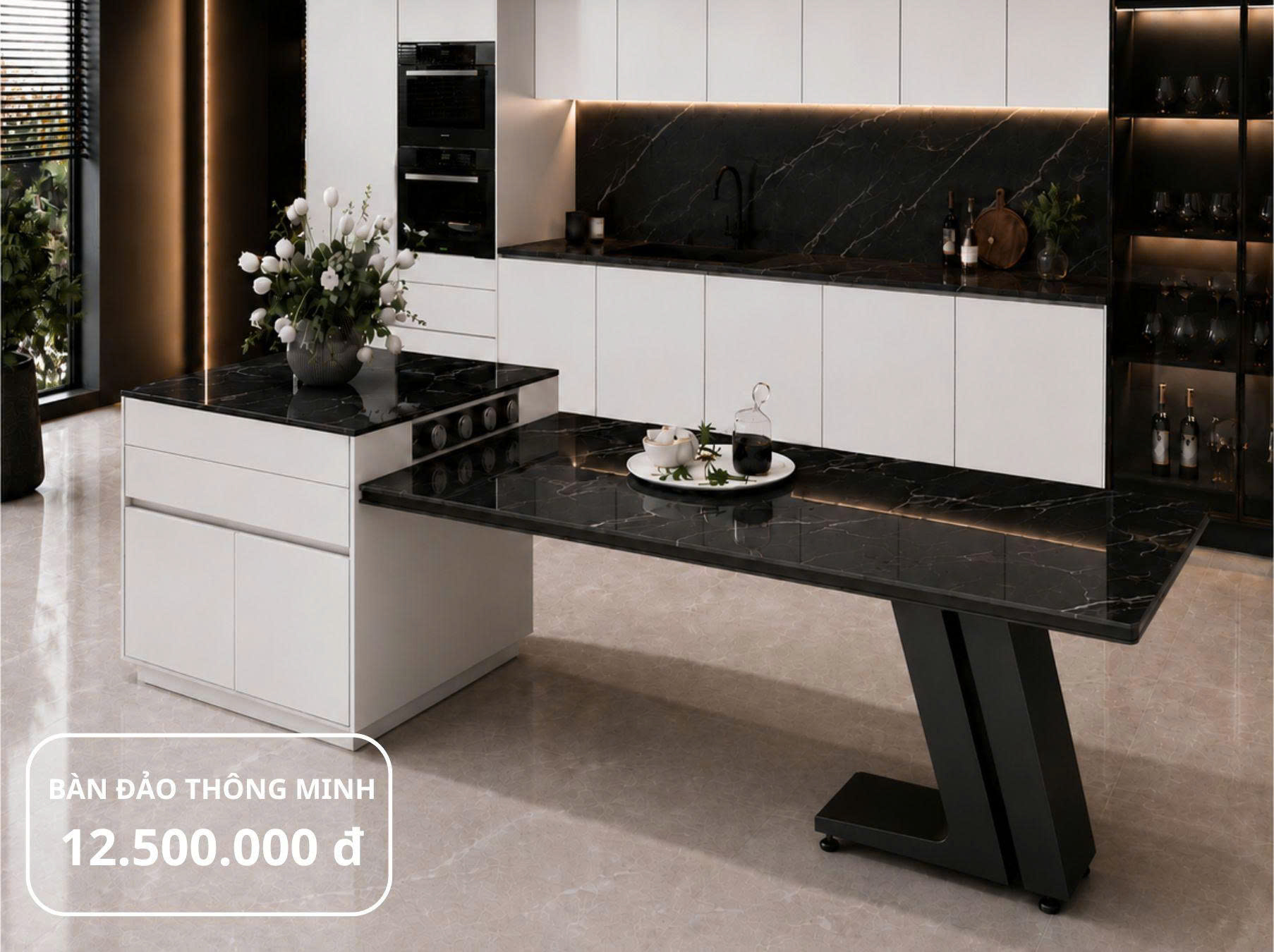 Bàn đảo thông minh kết hợp bàn ăn kéo dài