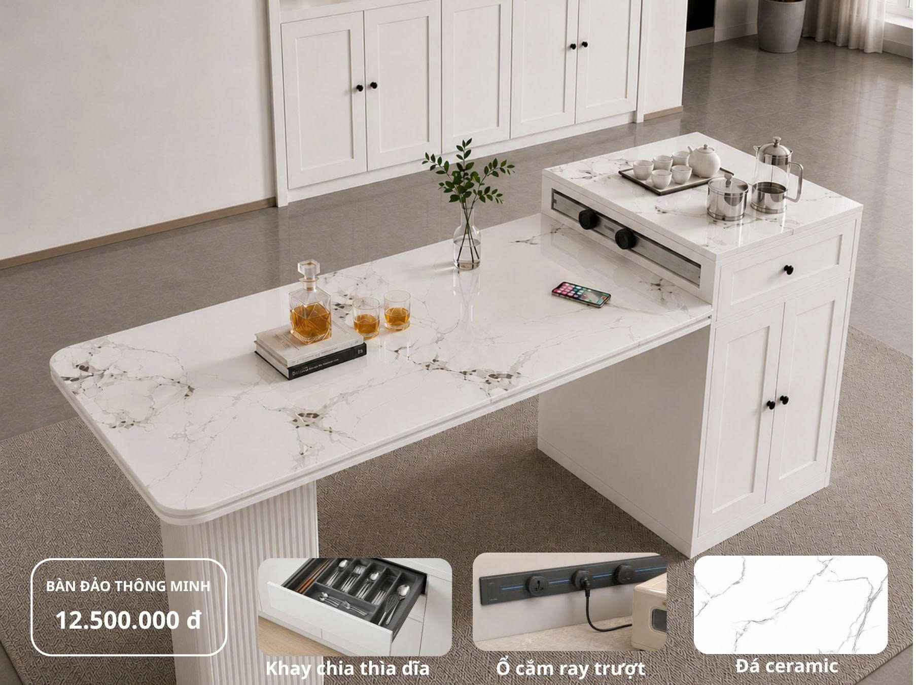 Bàn đảo thông minh kết hợp bàn ăn kéo dài tại Nhà Dẹp Hoàn Mỹ