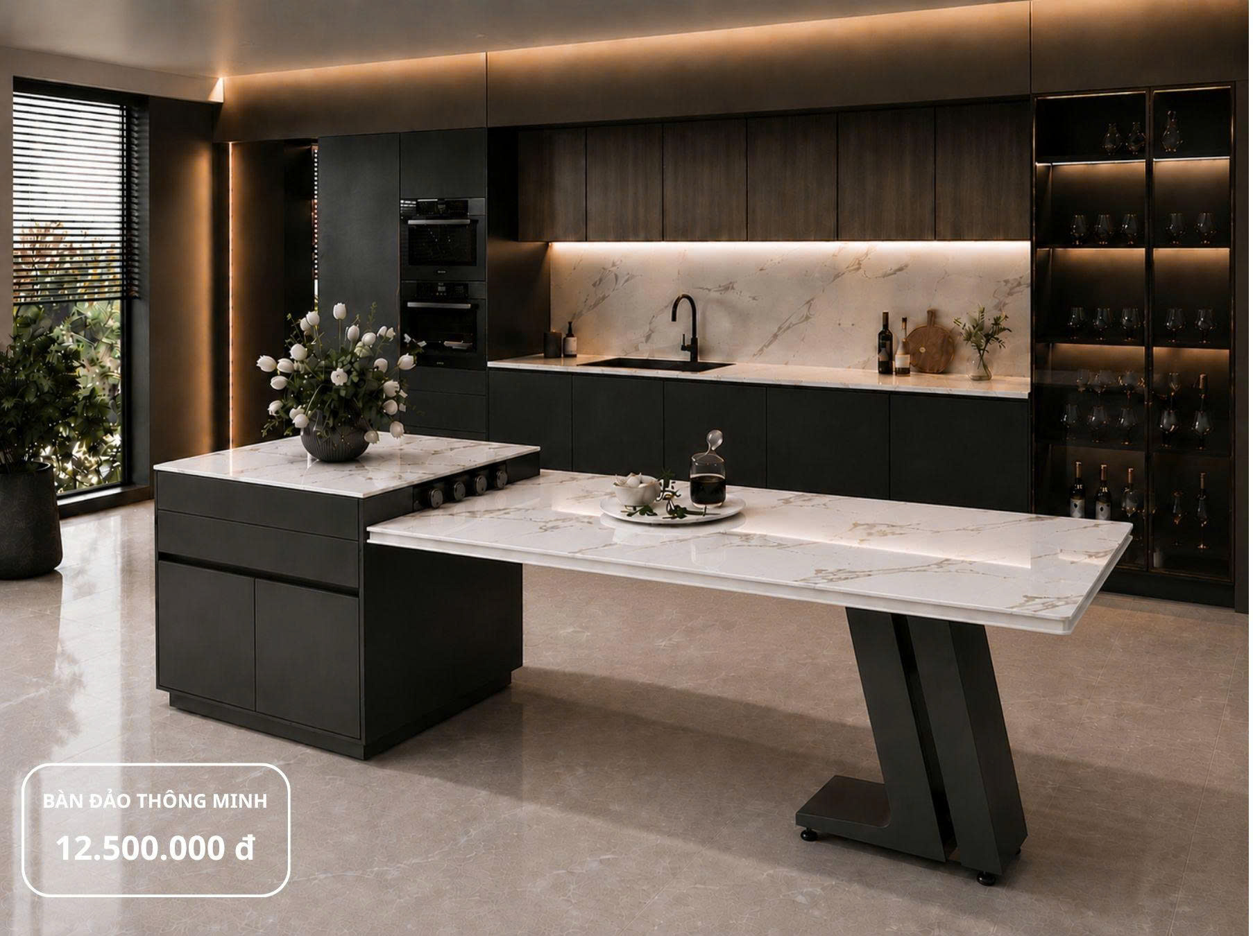 Bàn đảo thông minh kết hợp bàn ăn kéo dài